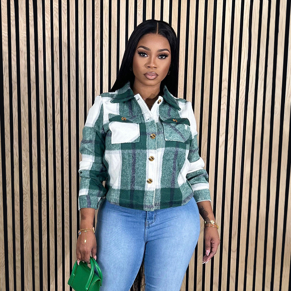 Women Autumn and Winter Plaid Crop Shirt Top 6