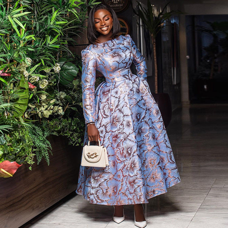 Women Spring Round Neck Long Sleeve Maxi Pleated Dress 4