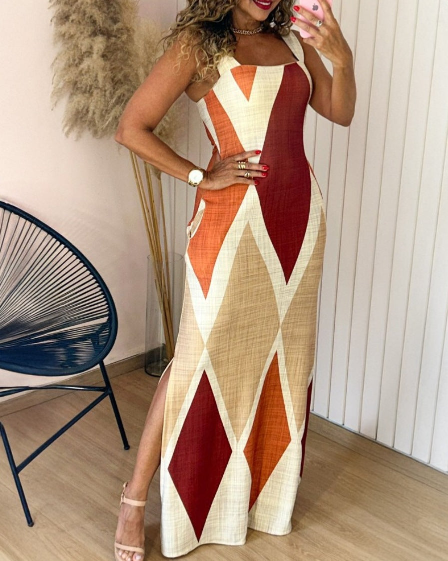 Women summer sleeveless contrast color sexy slit dress 9