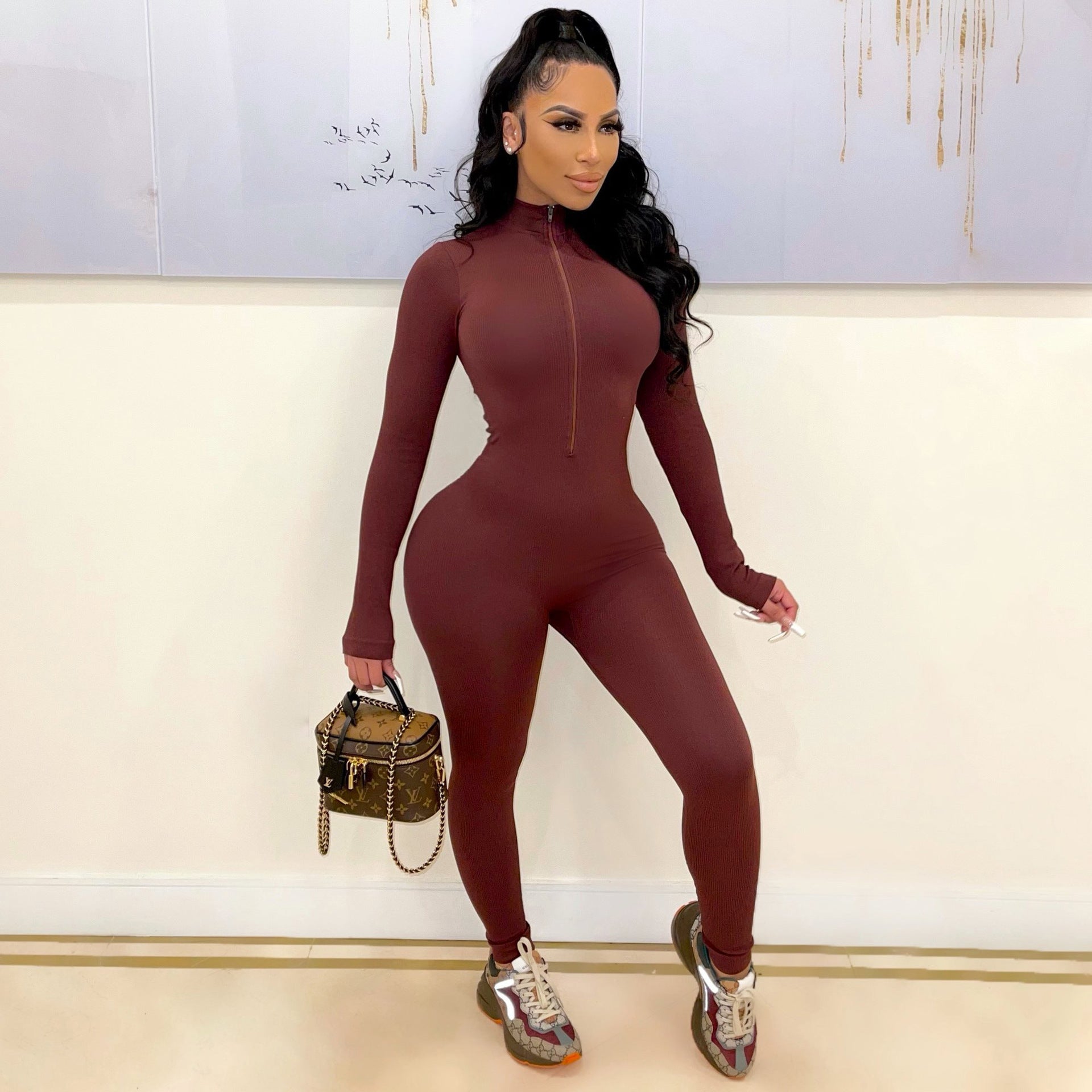 Women'S Solid Zip Long Sleeve Tight Fitting Jumpsuit 13