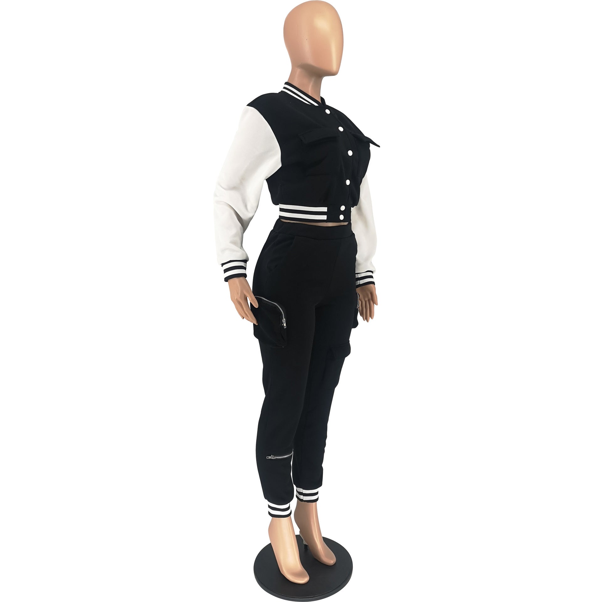 Women's Fall/Winter Casual Cargo Style Color Block Baseball Jacket Sweatpants Sports Two Piece Set 14