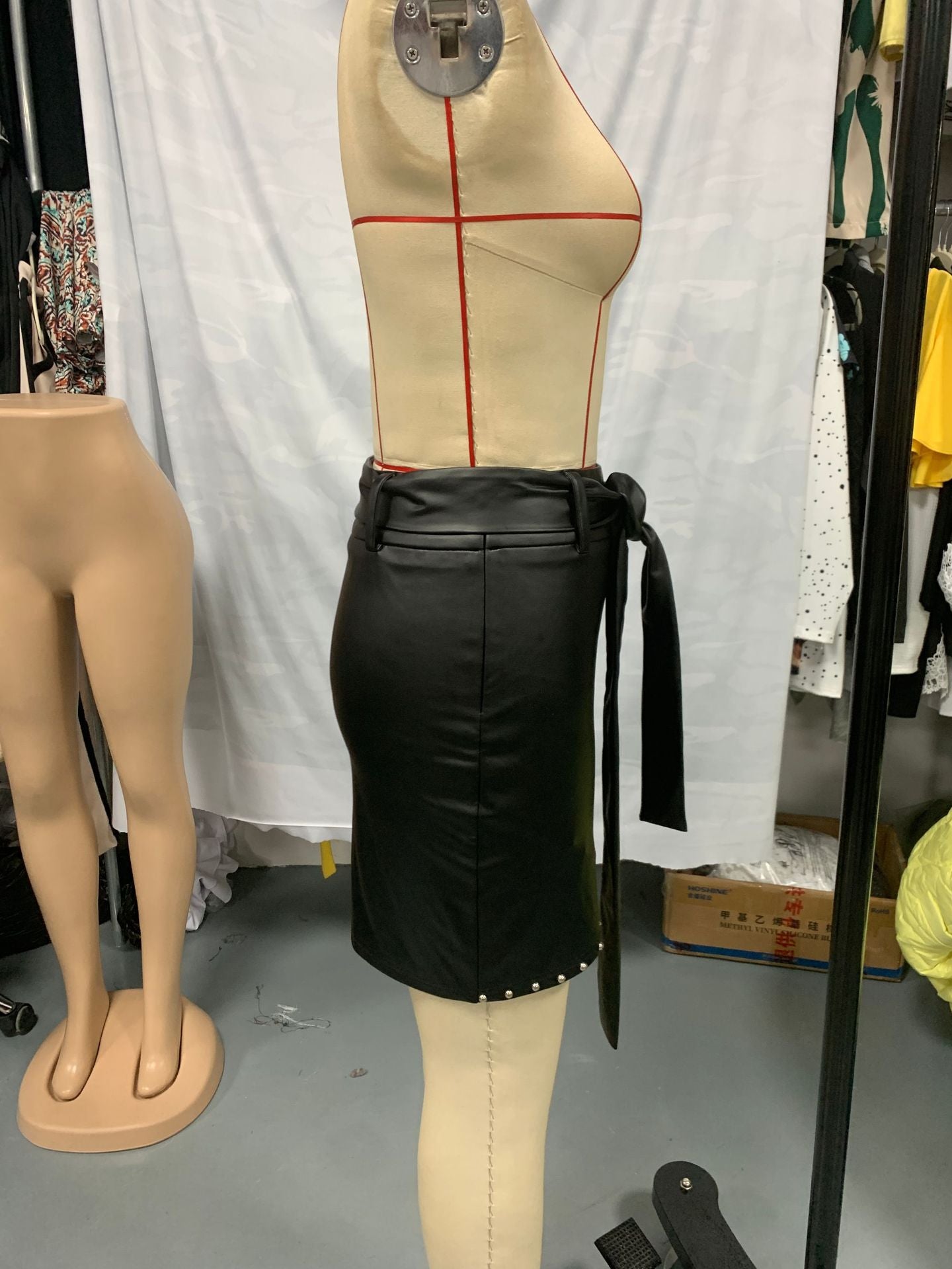 Women's  Fashion Casual Sexy Leather Beaded Slit Bodycon Mini Skirt 6