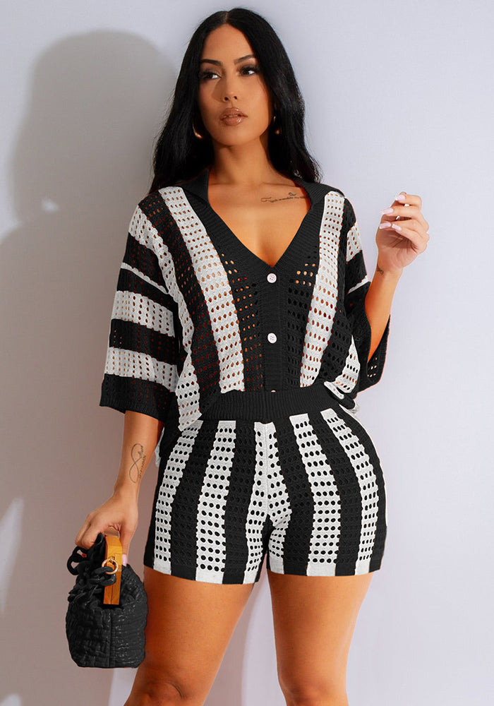 Women's Sexy Ladies Hollow See-Through Turndown Collar Knitting Two Piece Shorts Set