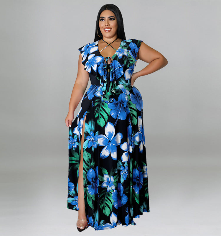 Plus Size Women's Summer Ruffled Collar Floral Print Maxi Dress 5