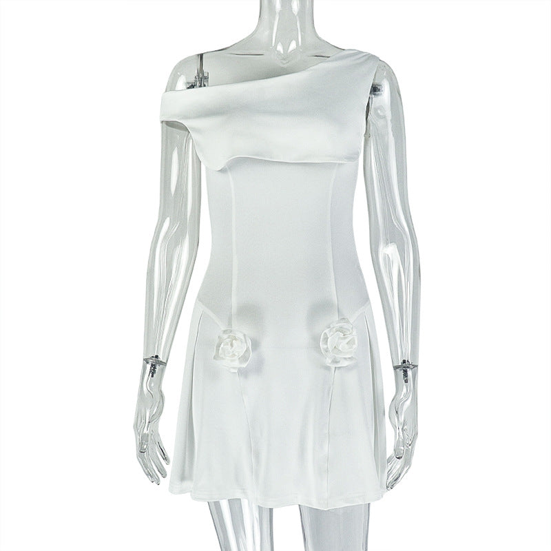 Women's Chic Solid Color One-ShoulderA-line Mini Dress 7