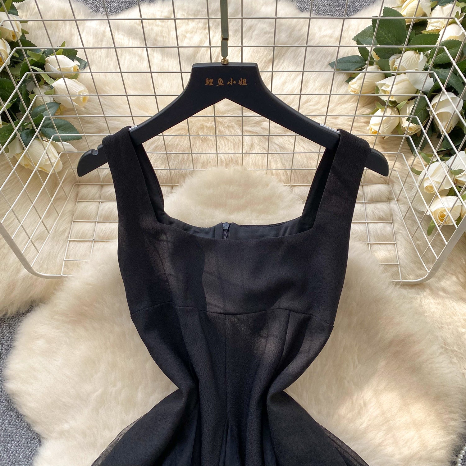 Women's Summer Square Neck Strap Mesh Patchwork Puffy Long Dress 21