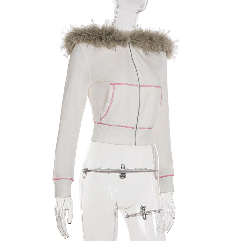 Women American-Style Fall/Winter Sport Velvet Letter Print Fur Collar Hooded Long-Sleeved Jacket and Pants Two-Piece Set 22