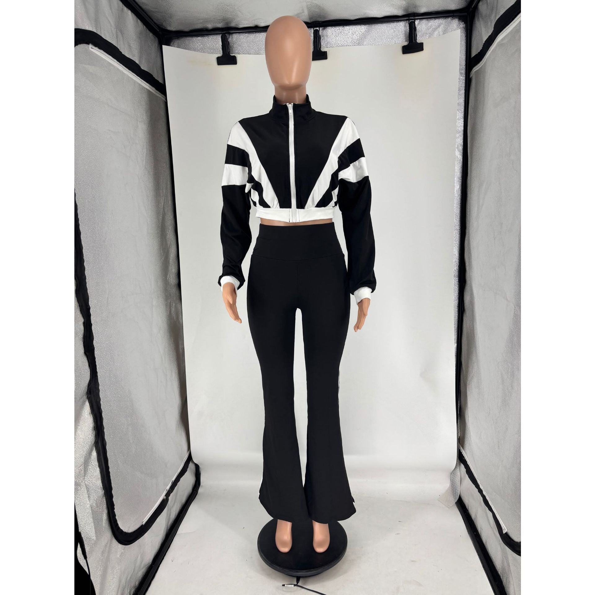 Women's Chic Casual Color-Block Long-Sleeve Zipper Top Slim Fit Bell Bottom Pants Set 19