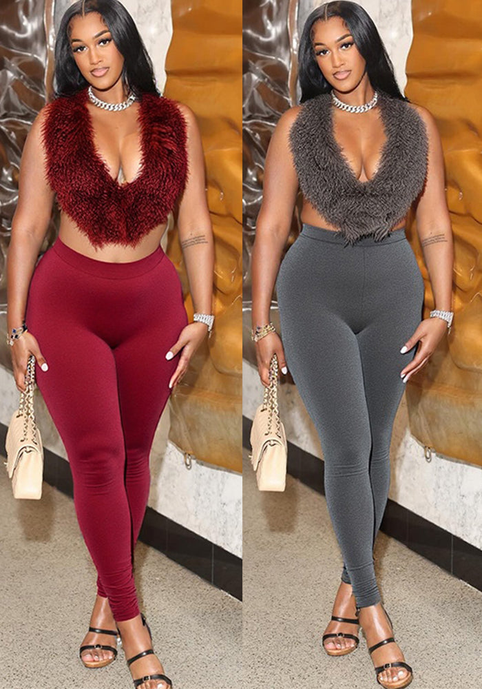 Women Furry Halter Neck Backless Lace-Up Top and Two-Piece Pants Set