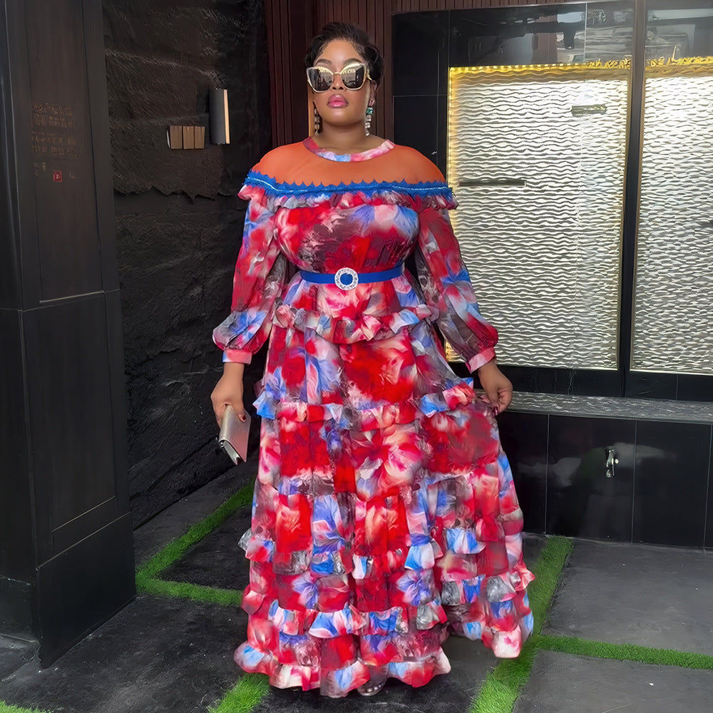 Plus-size African Women ruffled print beaded belt dress 3