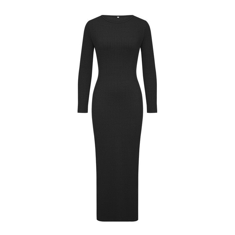 Women autumn solid round neck long-sleeved evening maxi dress 11