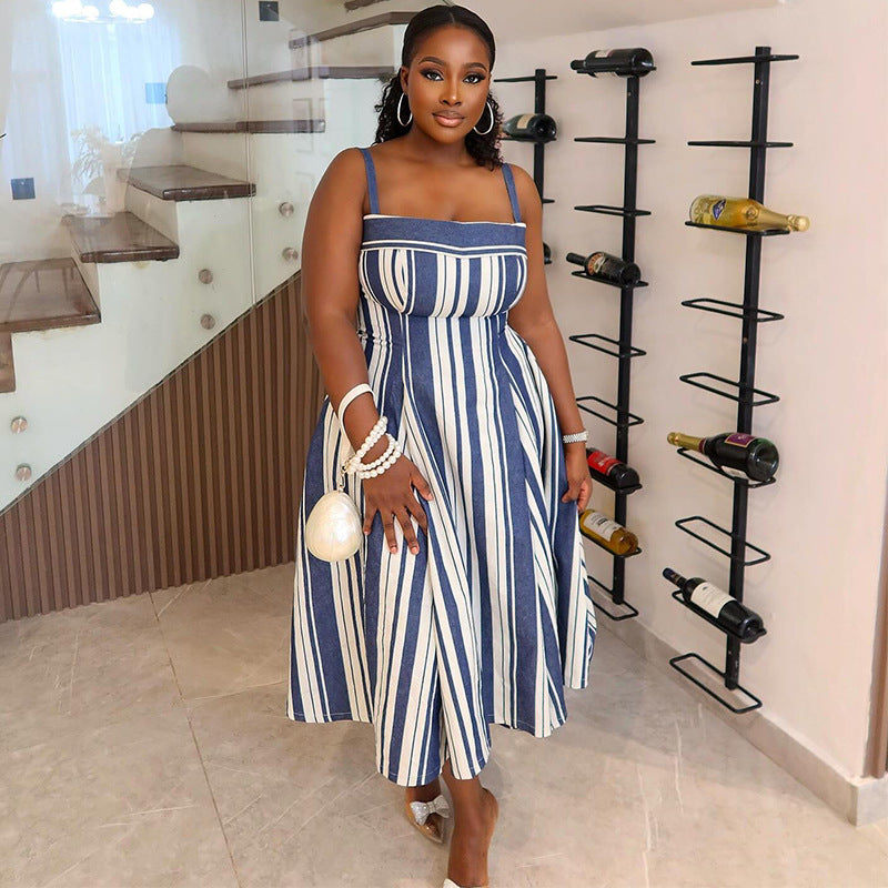 Women's Autumn Fashion Elegant Strap Striped Flared Dress