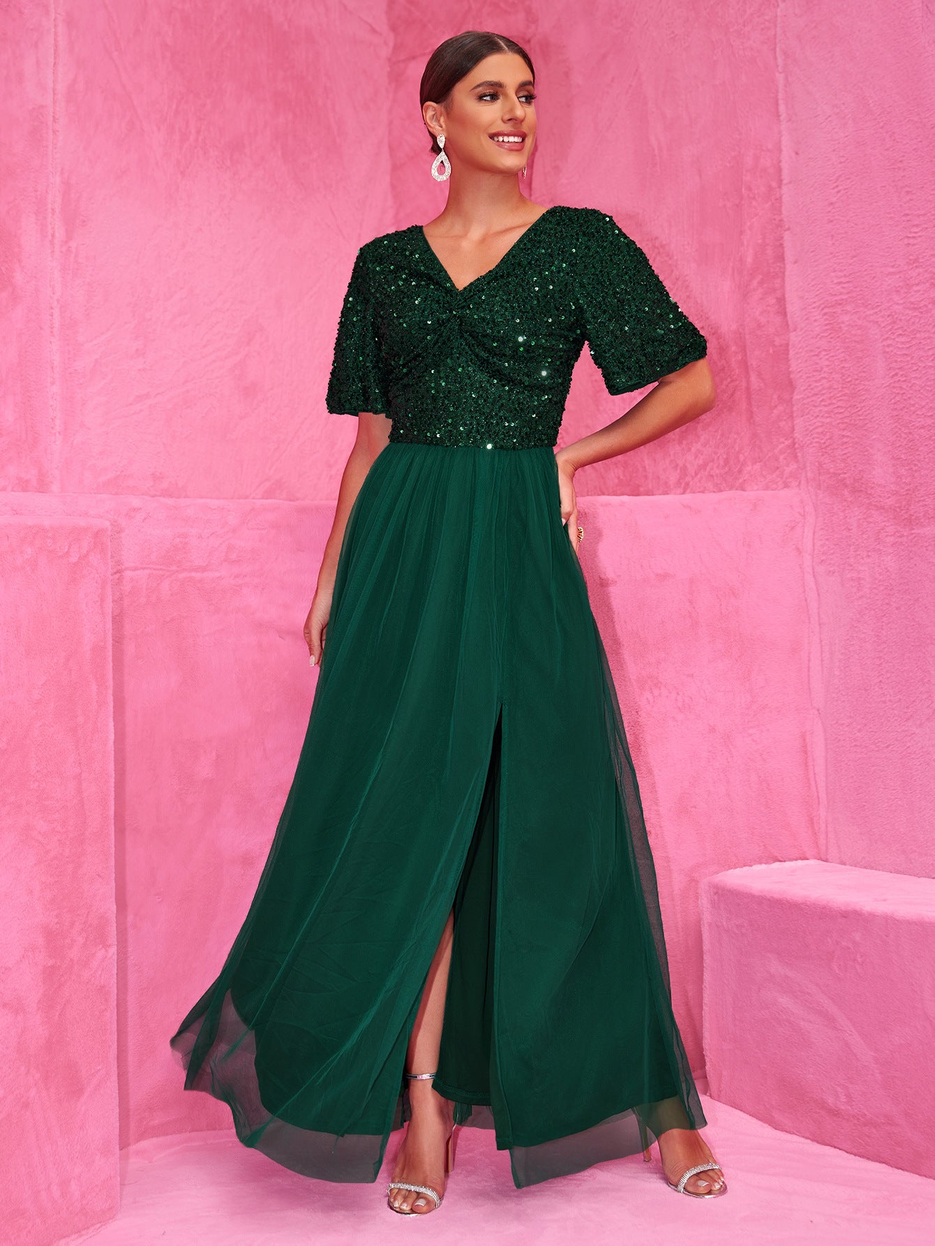 Women Elegant Sequin Short Sleeve Patchwork V-Neck Dress