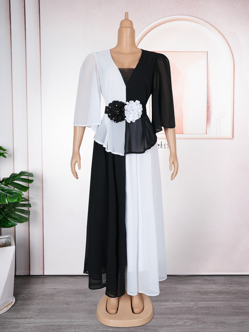 African Women's Elegant Plus Size Chiffon Patchwork Contrast Long Dress 7