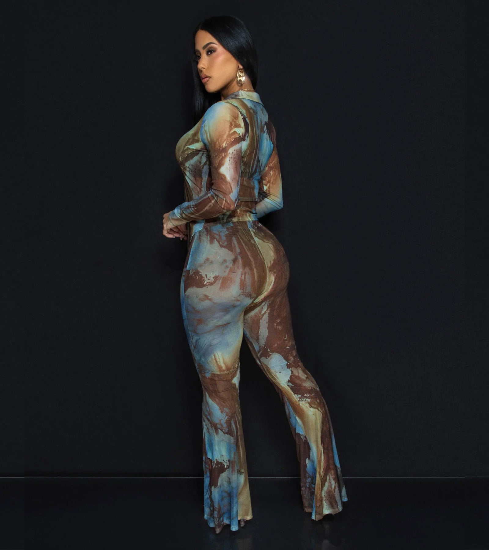 Women Sexy Button Printed Mesh Top and Bell Bottom Pants Two-Piece Set 8