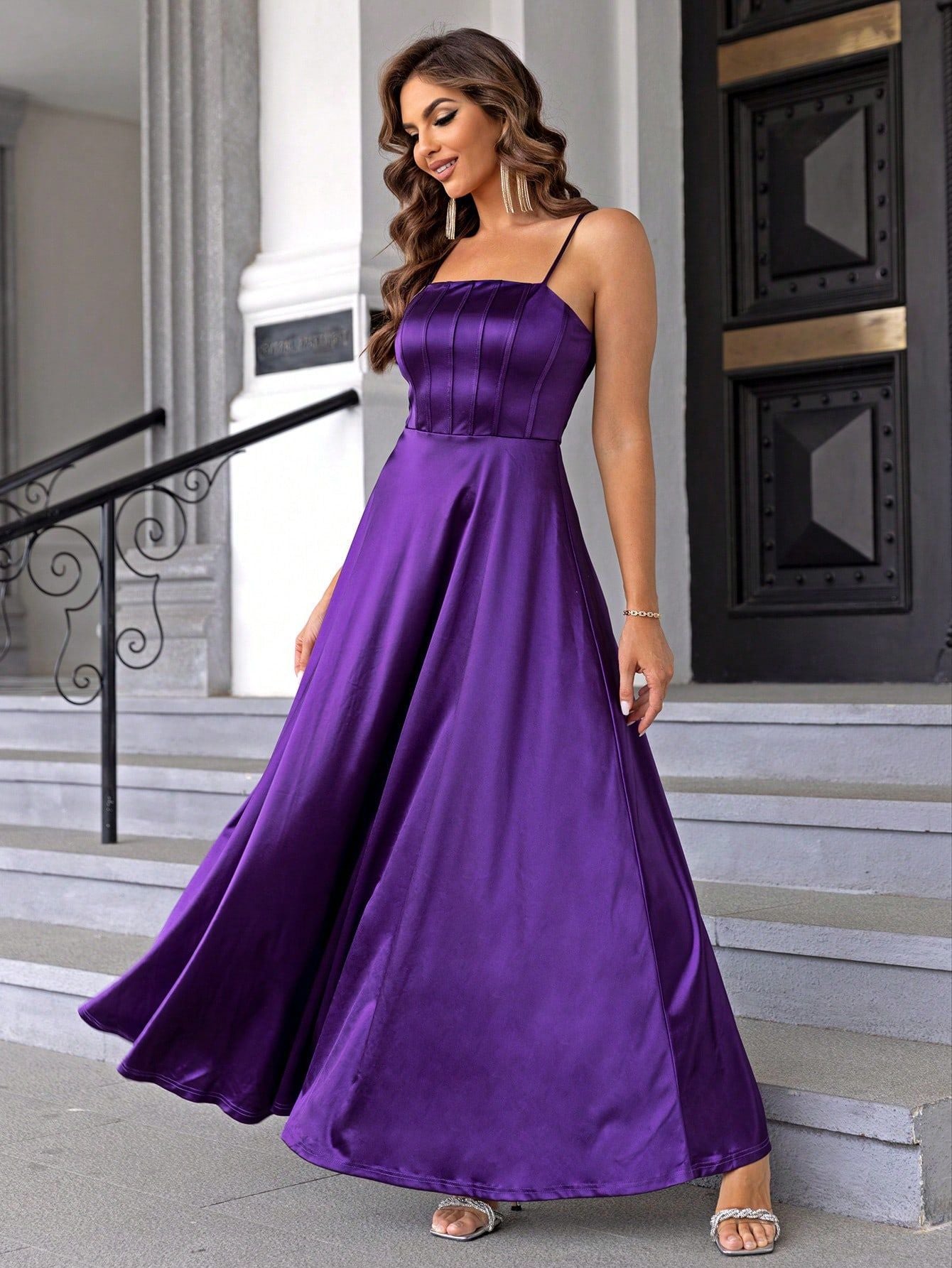 Women Solid Satin Evening Dress 4