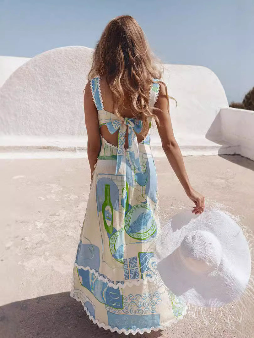 Women Printed Sexy Backless Bow Tie Dress 5