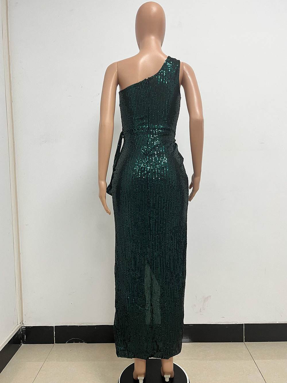 Women's One-Shoulder Lace-Up Sequined Evening Dress 91