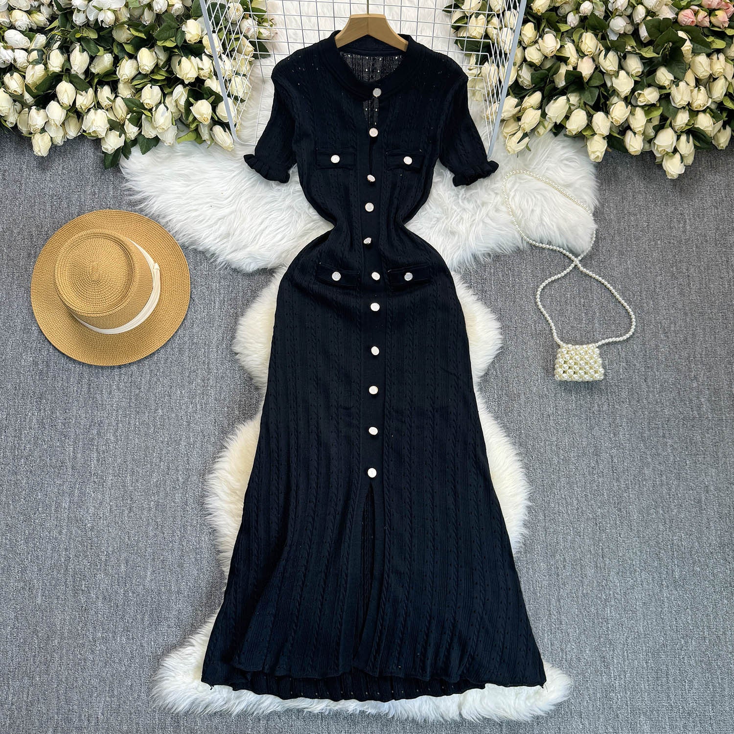 Women Hollow Wood Ear Lace Sleeve Button Dress 3