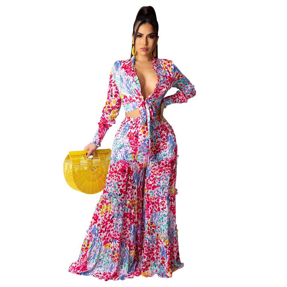 Women chiffon irregular printed long-sleeved top and wide-leg pants Casual two-piece set 10