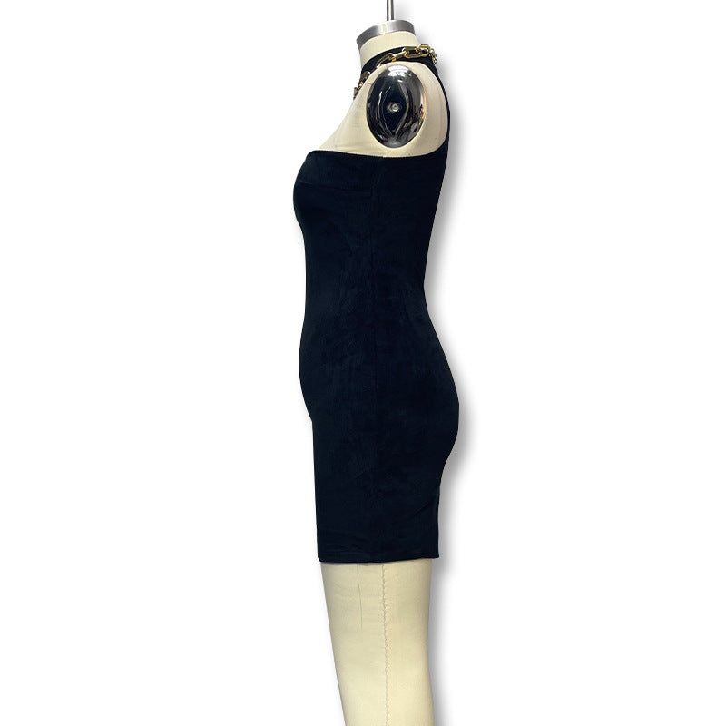 Summer Women corduroy metal chain Halter Neck off-shoulder sleeveless dress 8