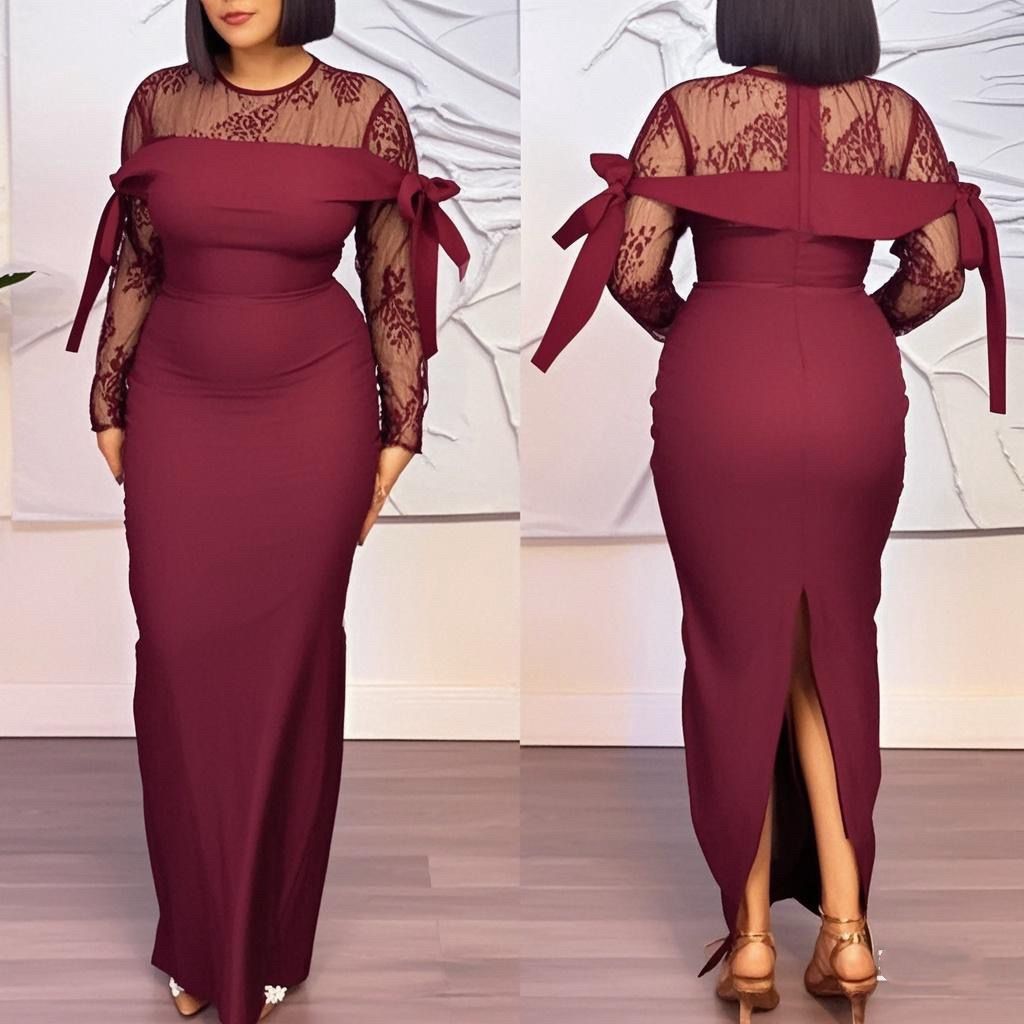 Solid Round Neck Sexy Lace Patchwork Sheer Slit Evening Dress for Women 5