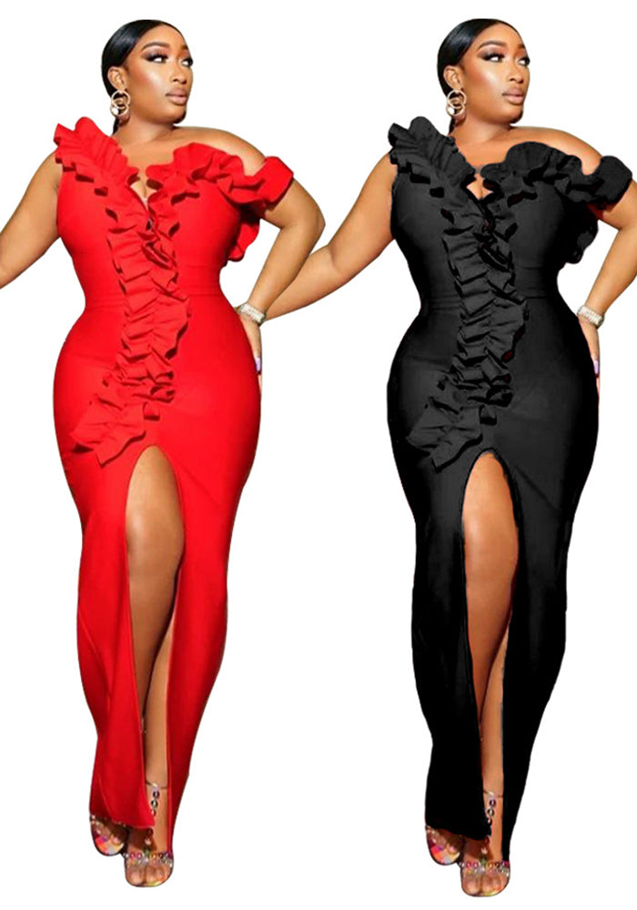 Women's Sexy Ruffled One-Shoulder Slit Evening Dress
