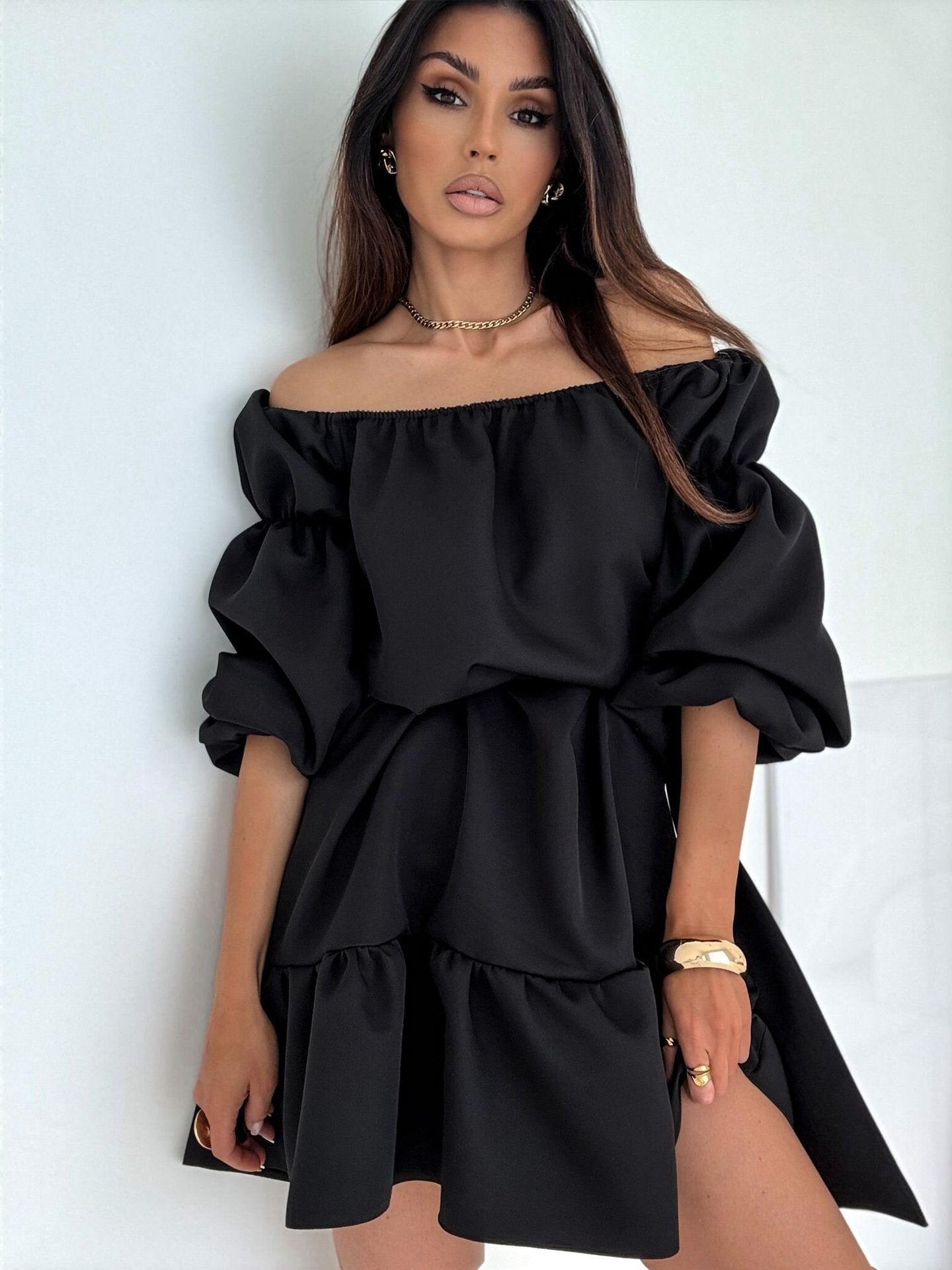 Women Fall Casual Solid Off-Shoulder Dress 9