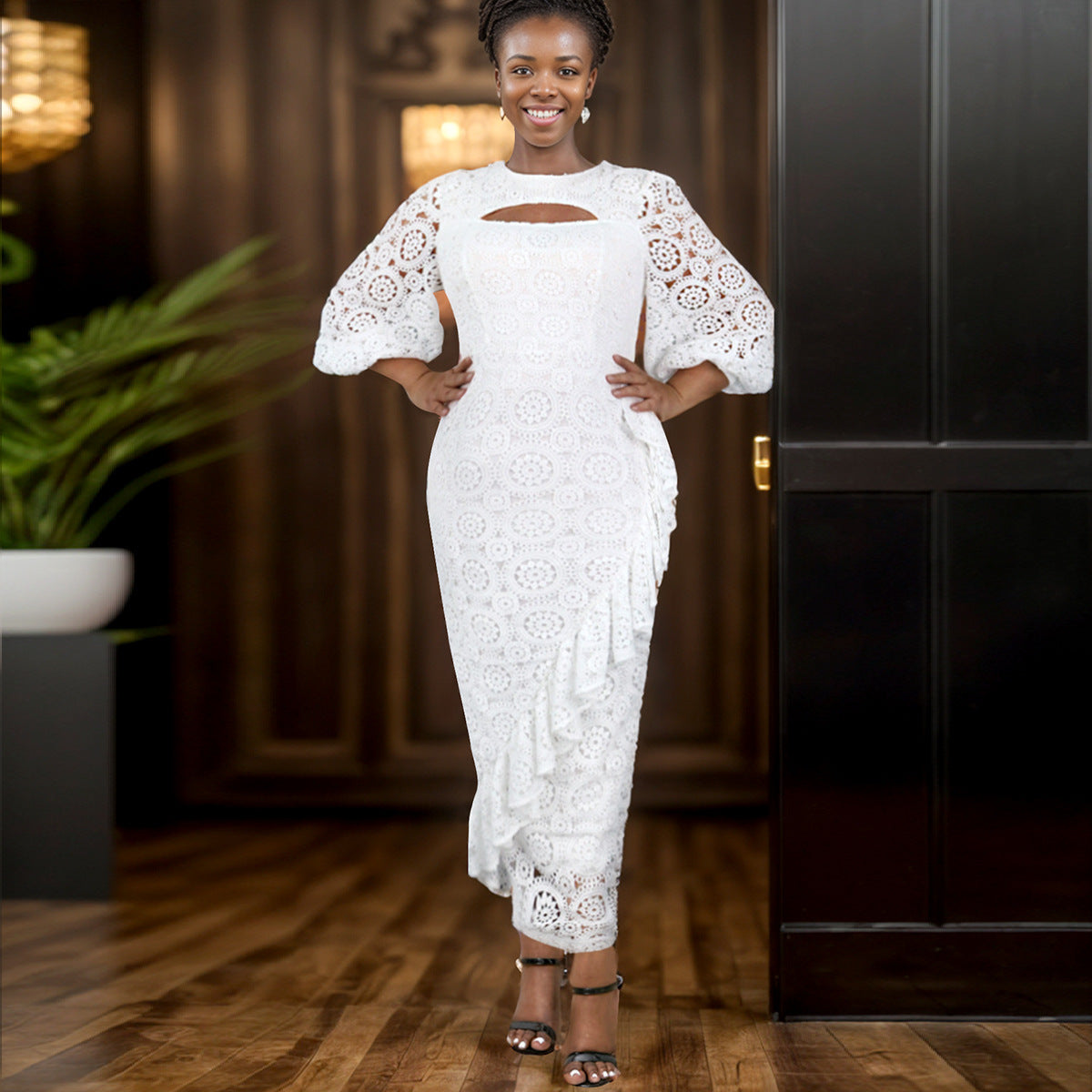 Lace Lantern Sleeve Elegant Ruffle Lace Party  Dress