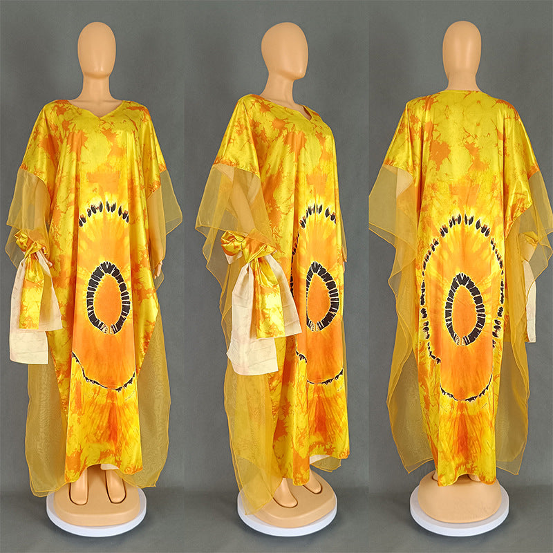 Women's clothing African long robe mesh print dress with headscarf 10