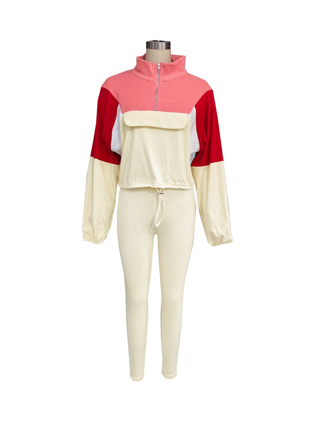 Autumn Contrast Color Zipper Patchwork Top Tight Fitting Pants Sports Two-Piece Set 8