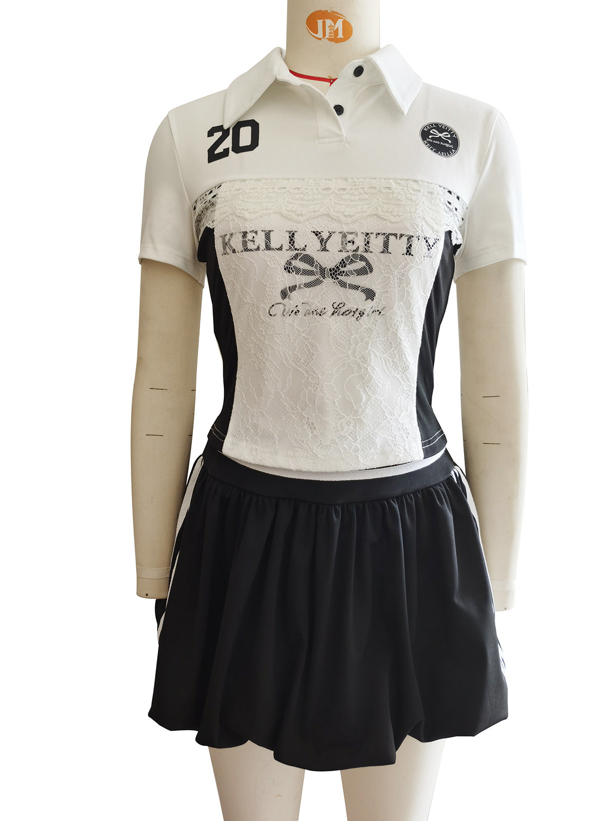 Women Lace Letter Print Button Casual Top and Skirt Two Piece Set 13