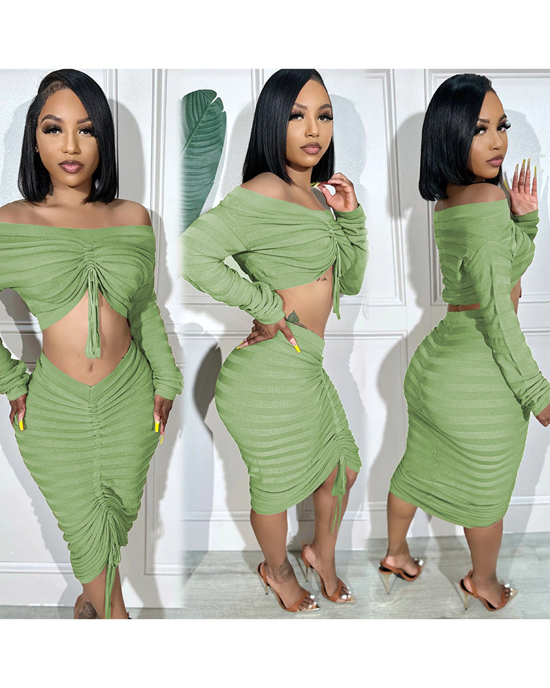 Women's Autumn and Winter Fashion Long Sleeve Off Shoulder Crop Top Drawstring Skirt Knitted two piece Set 9
