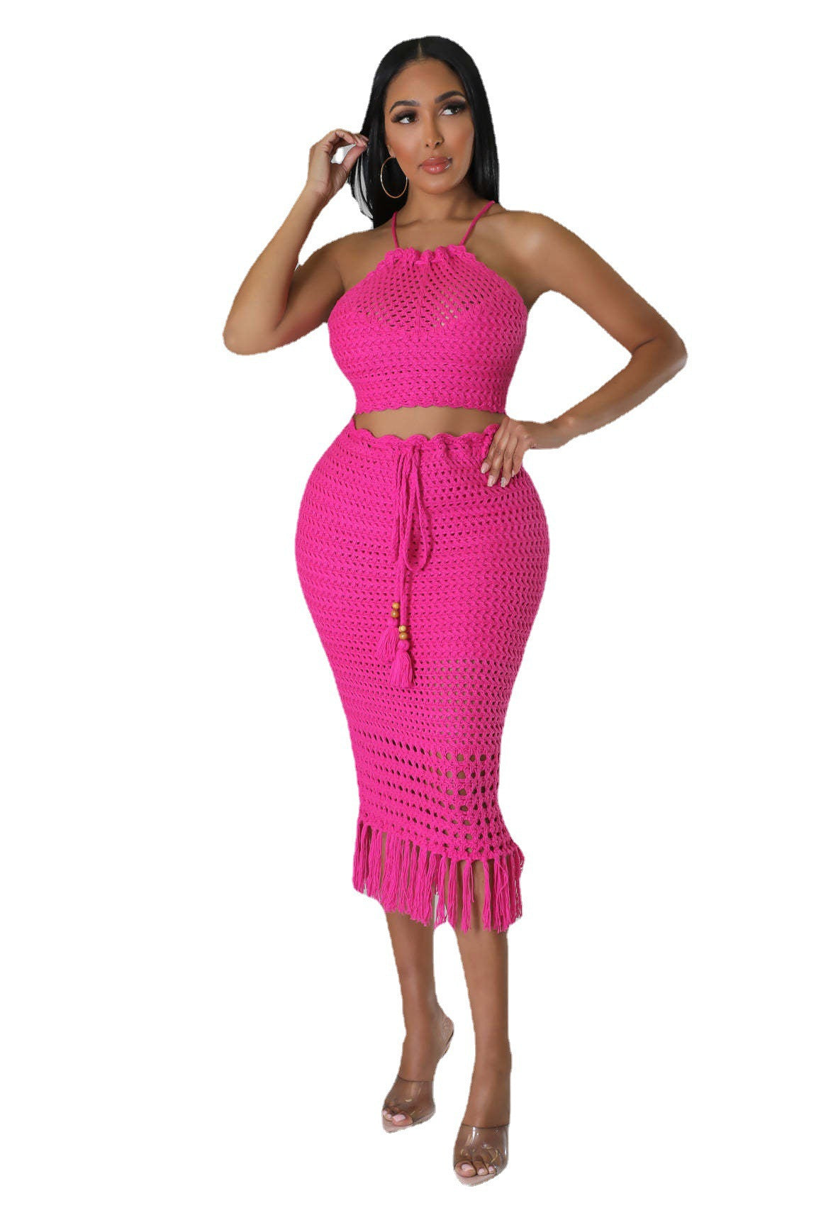 Women'S Fishnet And Fringed Knitting Casual Two-Piece Skirt Set 7