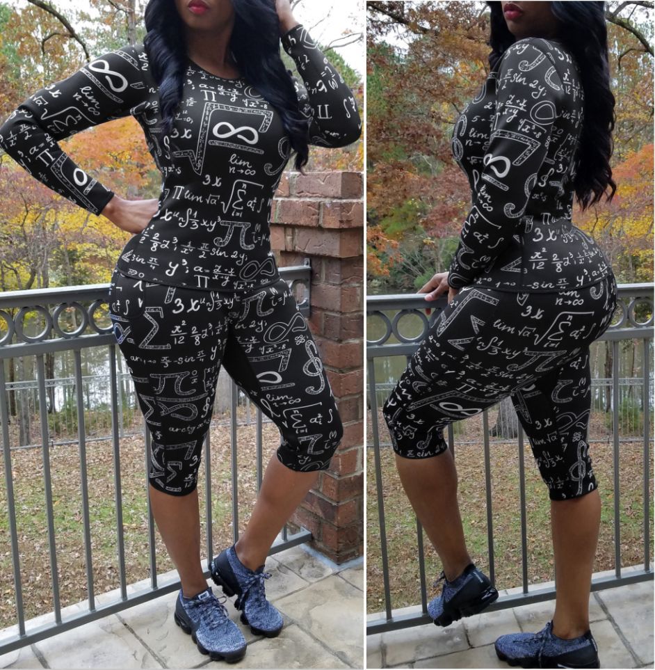 Women's Print Tight Fitting Long Sleeve Two-Piece Midi Shorts Set 3