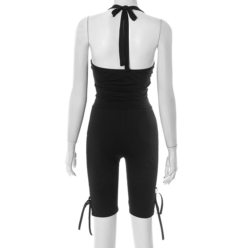 Women spring/summer Halter Neck drawstring strapless backless top and bow pants solid two-piece set 10