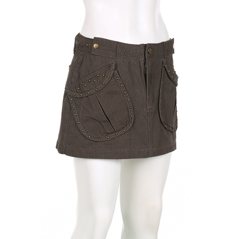 Women Beauty Street Retro Rivets Pockets Denim Skirt 7