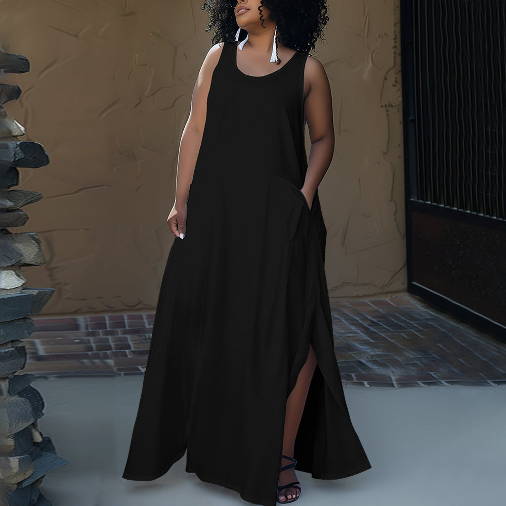 Plus Size Women Summer Pocket Sleeveless Round Neck Dress 3