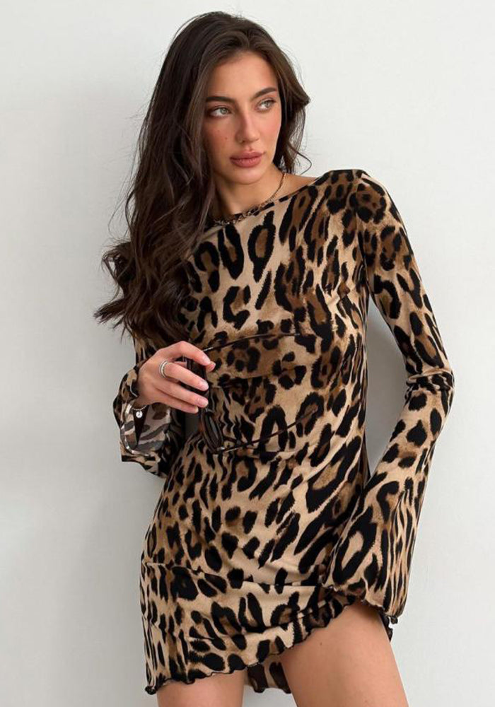 Women Round Neck Long Sleeve Leopard Dress