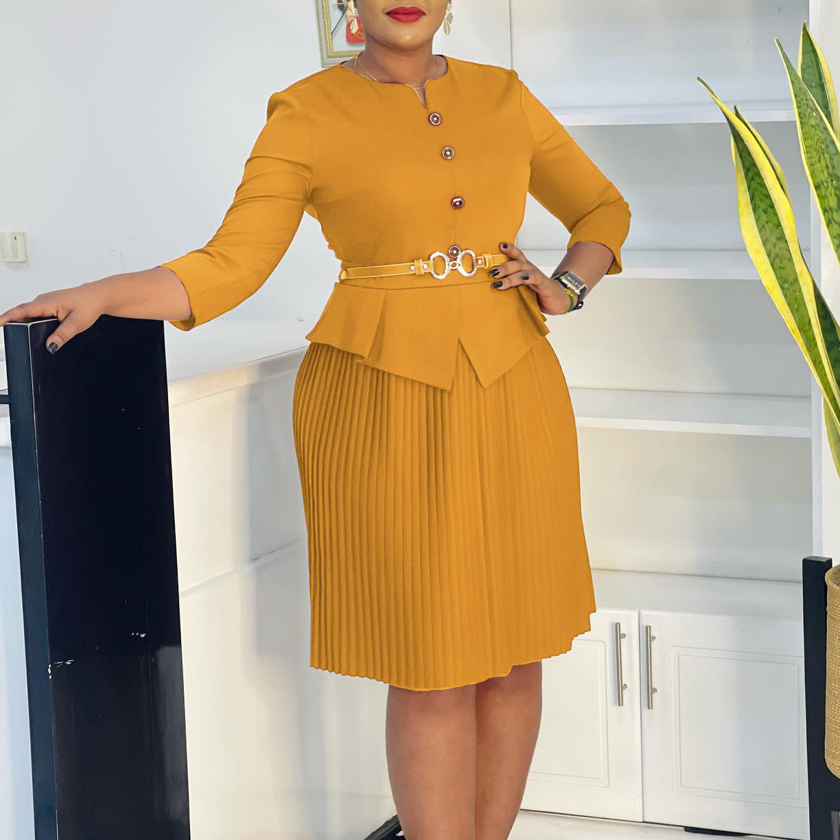 Women's 3/4 Sleeve Fashion Chic Elegant Pleated Dress 3