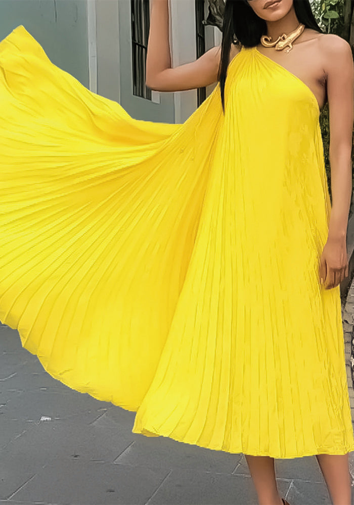 Women Elegant Solid Pleated Sleeveless Slash Shoulder Dress