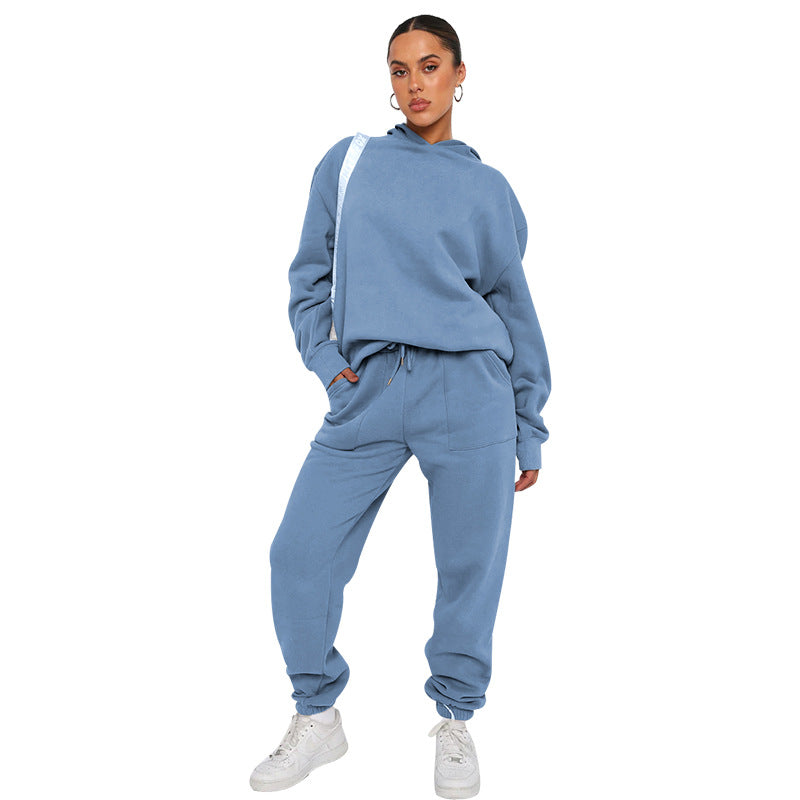 Fall Winter Solid Color Hooded Tracksuit Long Sleeve Hoodies Women's Fashion Casual Pant Two Piece Set 20