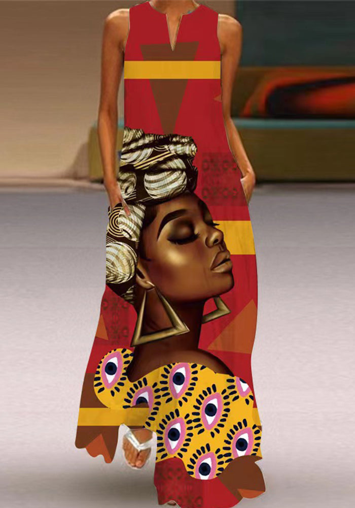 Summer women's sleeveless dress v-neck printed face dress