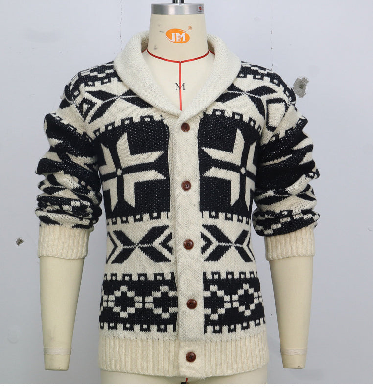Men's Vintage Jacquard Knitting Turndown Collar Sweater Jacket 5
