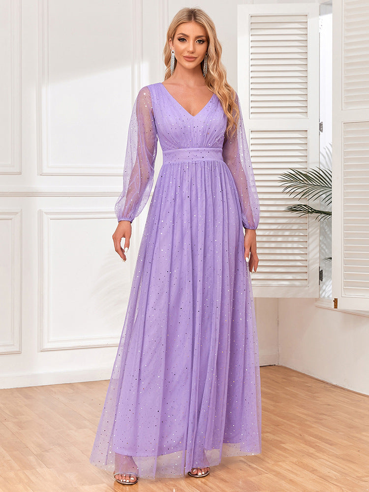 Women's Elegant V-Neck See-Through Long Sleeves Sheer Glitter Evening Gown A-Line Wedding Party Dress 4