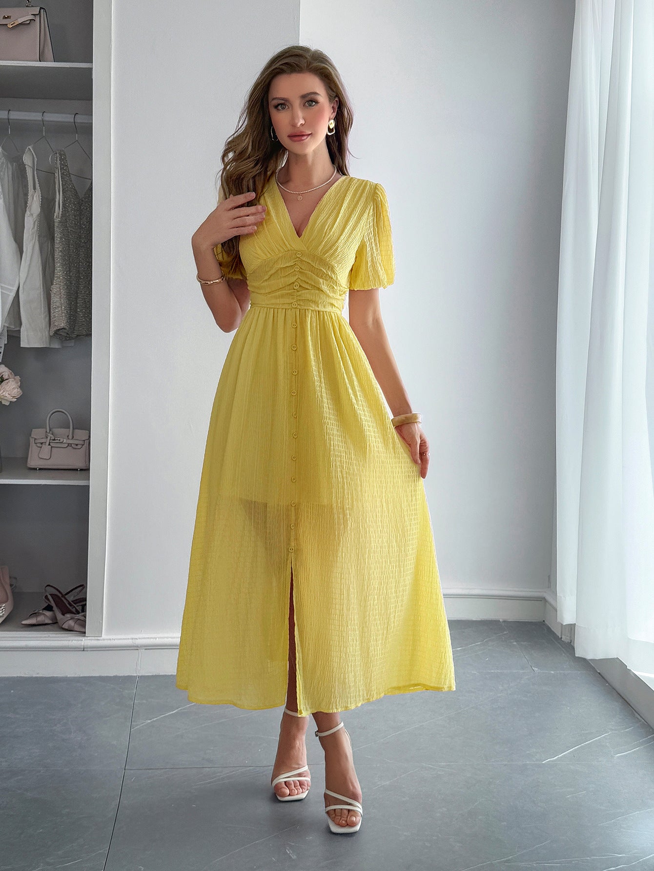 Spring/Summer Women's Chic Holidays Deep-V Short-Sleeve Long Dress 4