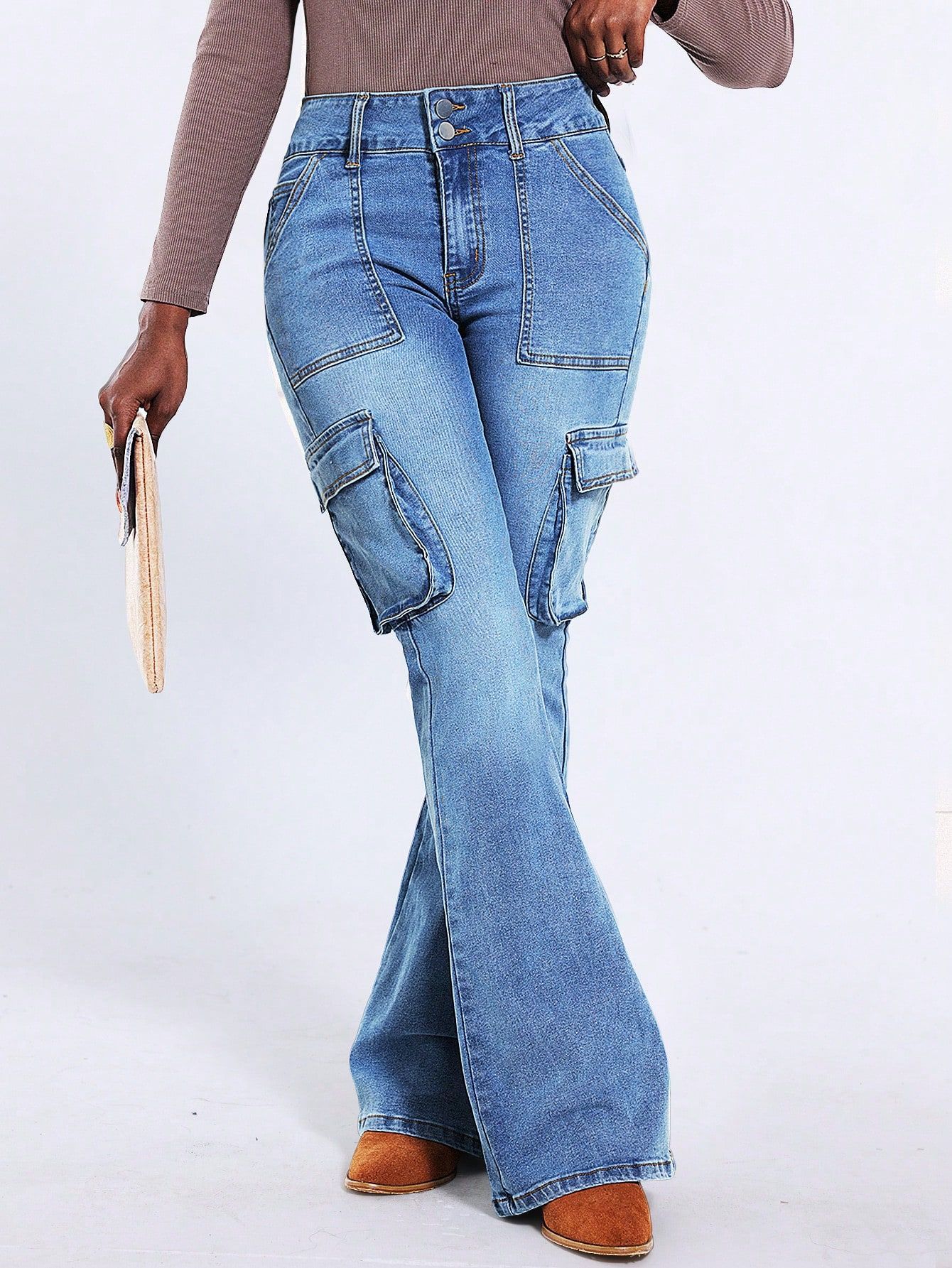 Women Washed Pocket Cargo Denim Pants 6