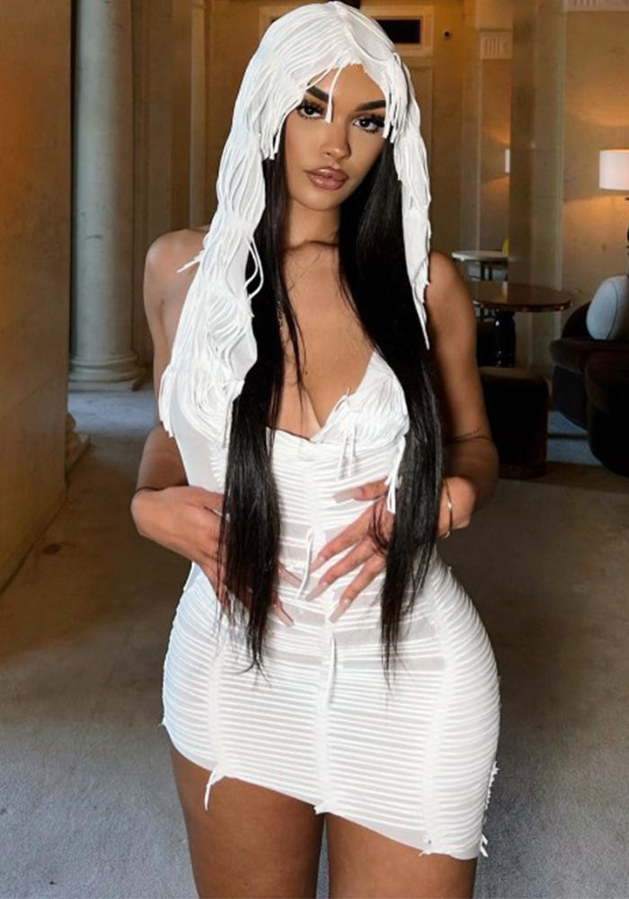 Women summer Solid Casual sleeveless hooded tassel dress