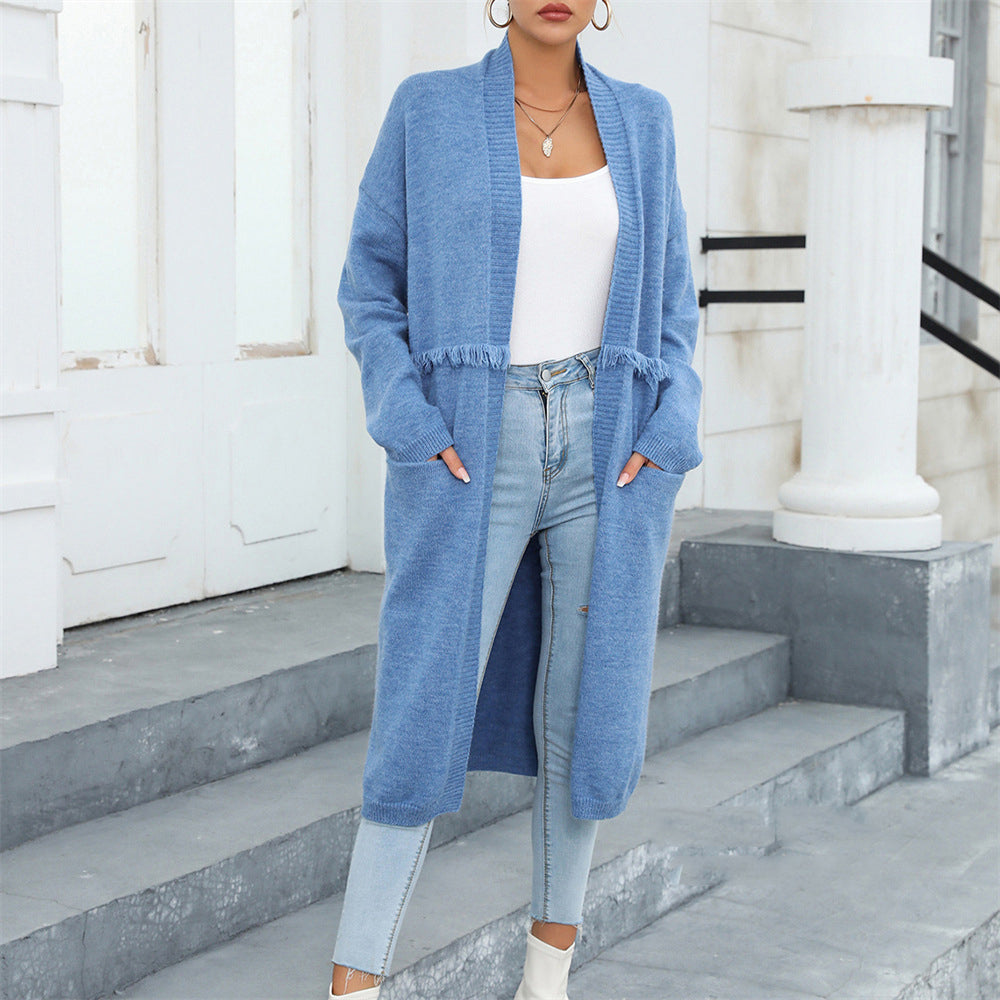 Winter Plus Size Long Cardigan Pocket Chic Fringe Sweater Coat 7