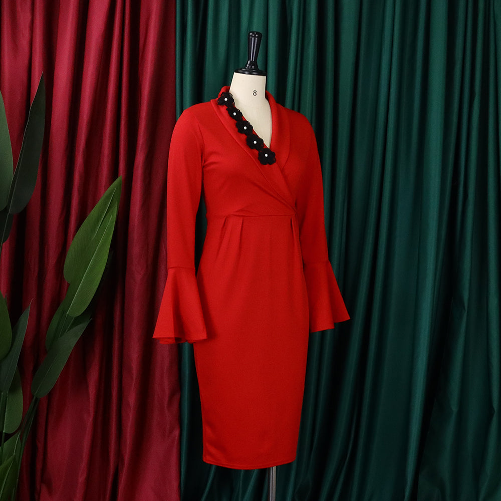 Women's Fall Winter V-Neck Chic Elegant Bell Bottom Sleeve Slit Bodycon Dress 14